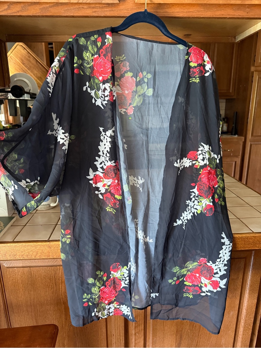 Sheer Black Floral Kimono Jacket with Red Rose Print